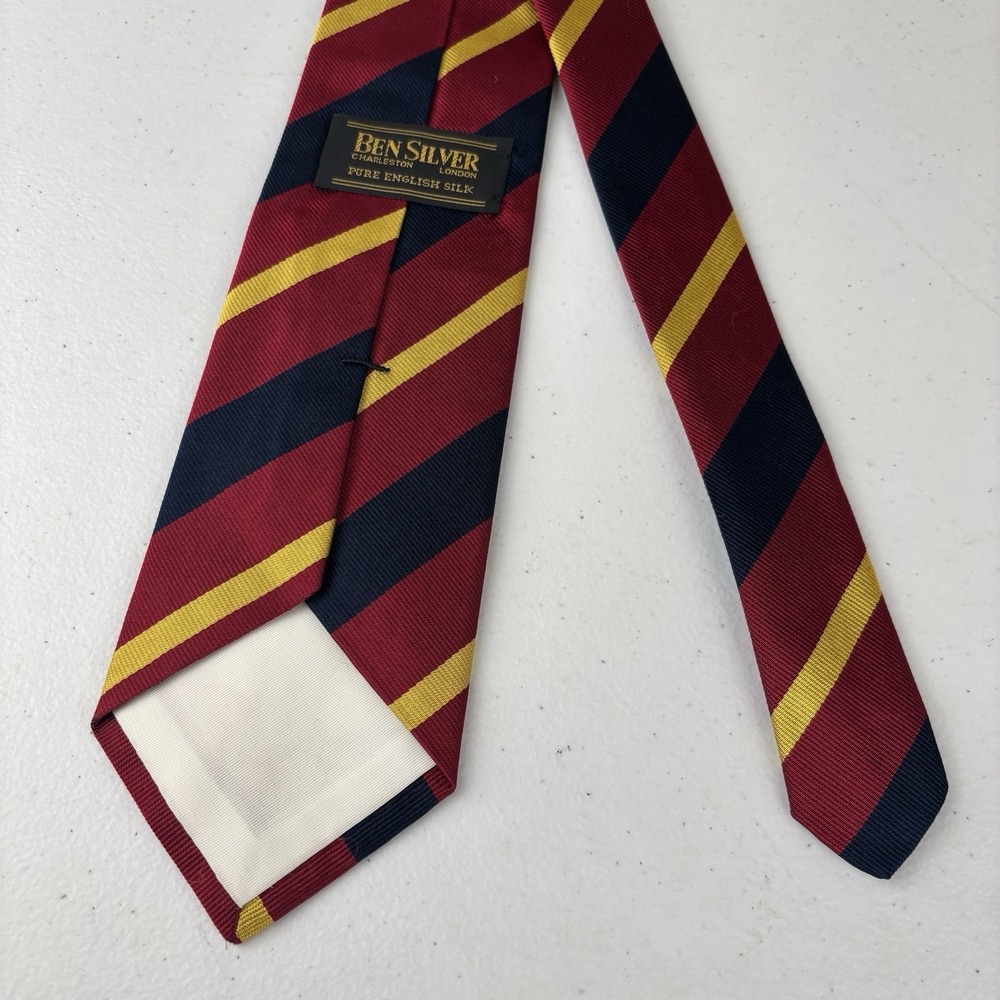Ben Silver Charleston Repp Silk Tie Striped Burgundy Yellow Navy Necktie